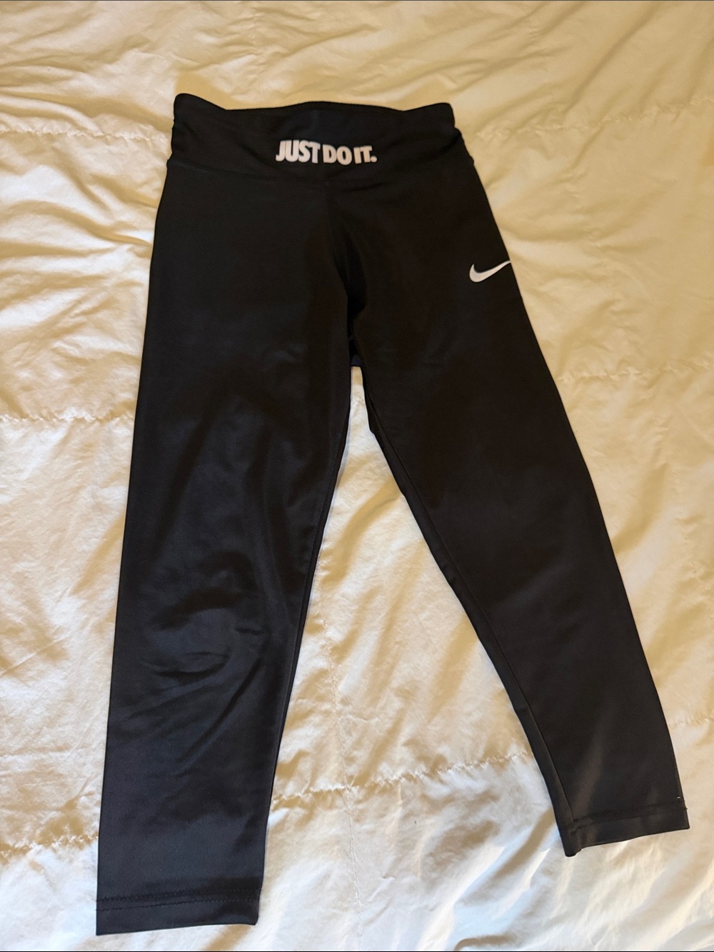 Nike Kids Black Leggings with White Swoosh and "Just Do It." Waistband